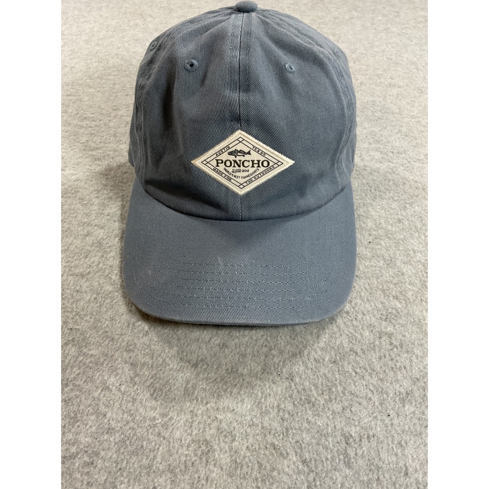 Poncho Outdoors Mens Fishing Hat Blue Gray Adjustable Dad Cap Austin Texas Patch